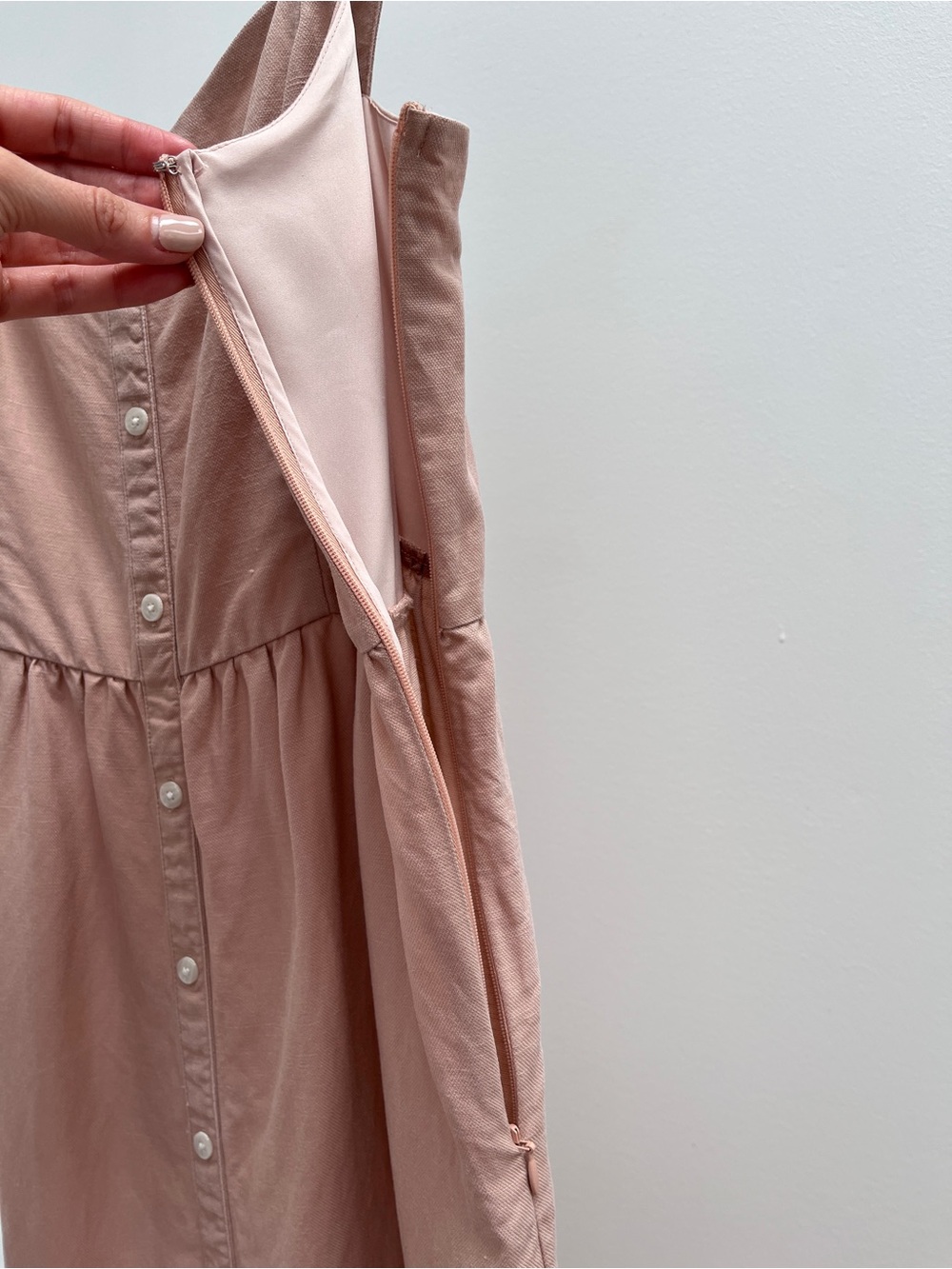 Frank and Oak button up ruffle dress M light peach pink tencel linen sundress - Picture 5 of 12